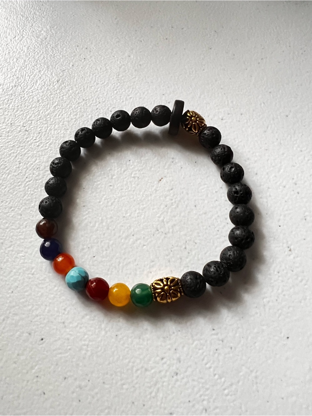 Men's Black Lava Bead Bracelet with Multicolor Gem Accents and Gold Spacer
